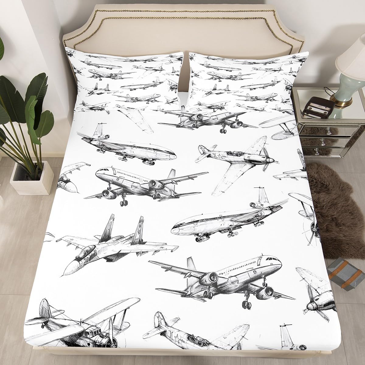 Airplane Kids Fitted Sheet Twin Size,American Aircraft Vintage Toddler Bedding Set,Girls Boys Adults Room Decor,Air Vehicles Air Plane Bed Cover,Black White Bed Sheet,1 Pillowcase - Image 5