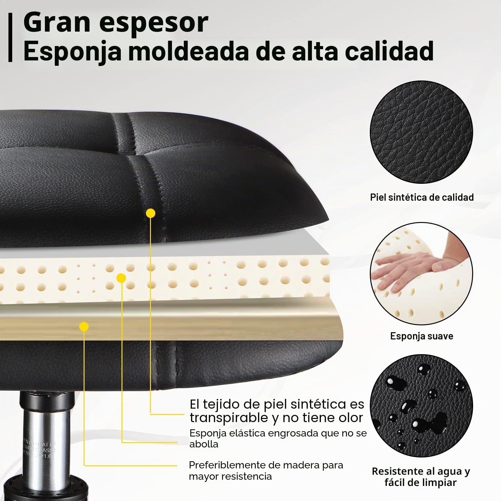 Taburete Cuadrado de Poliuretano con Ruedas, Altura Ajustable, Silla de Oficina, Color Negro