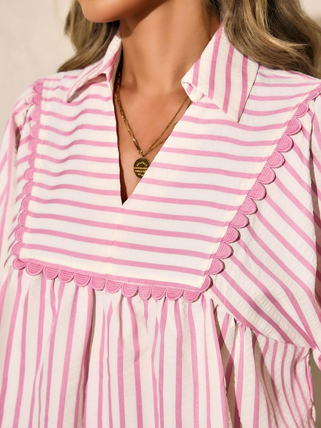 Tankaneo Womens Striped Babydoll Tops Oversized 3/4 Sleeve Peplum Blouse Loose Fit Pleated Cute Shirts - Image 2