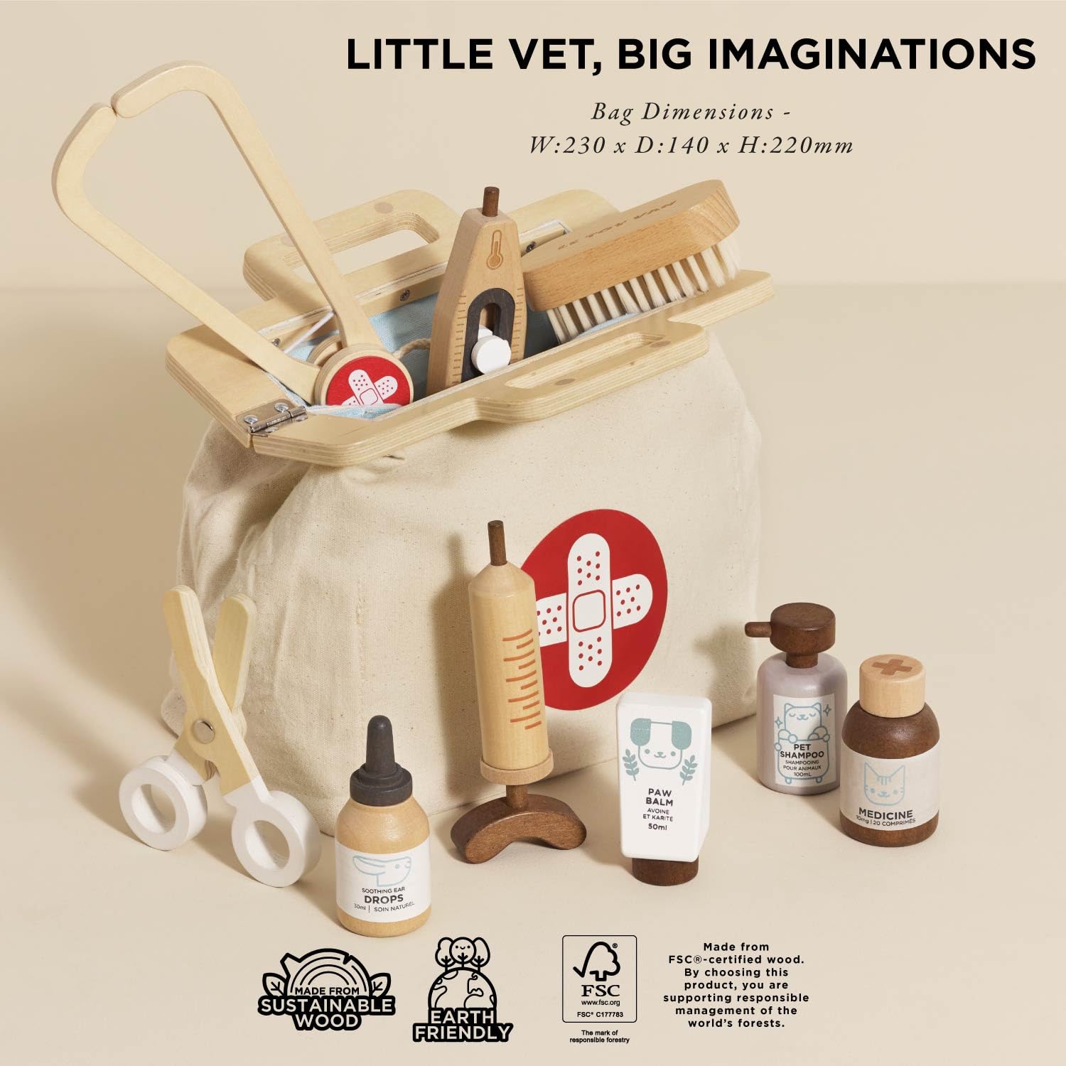 Le Toy Van Arztkoffer aus Holz für Kinder, 3 Jahre, Montessori Spielzeug, komplette Stofftasche, 10 Teile, inklusive Zubehör, FSC-zertifiziertes Holz