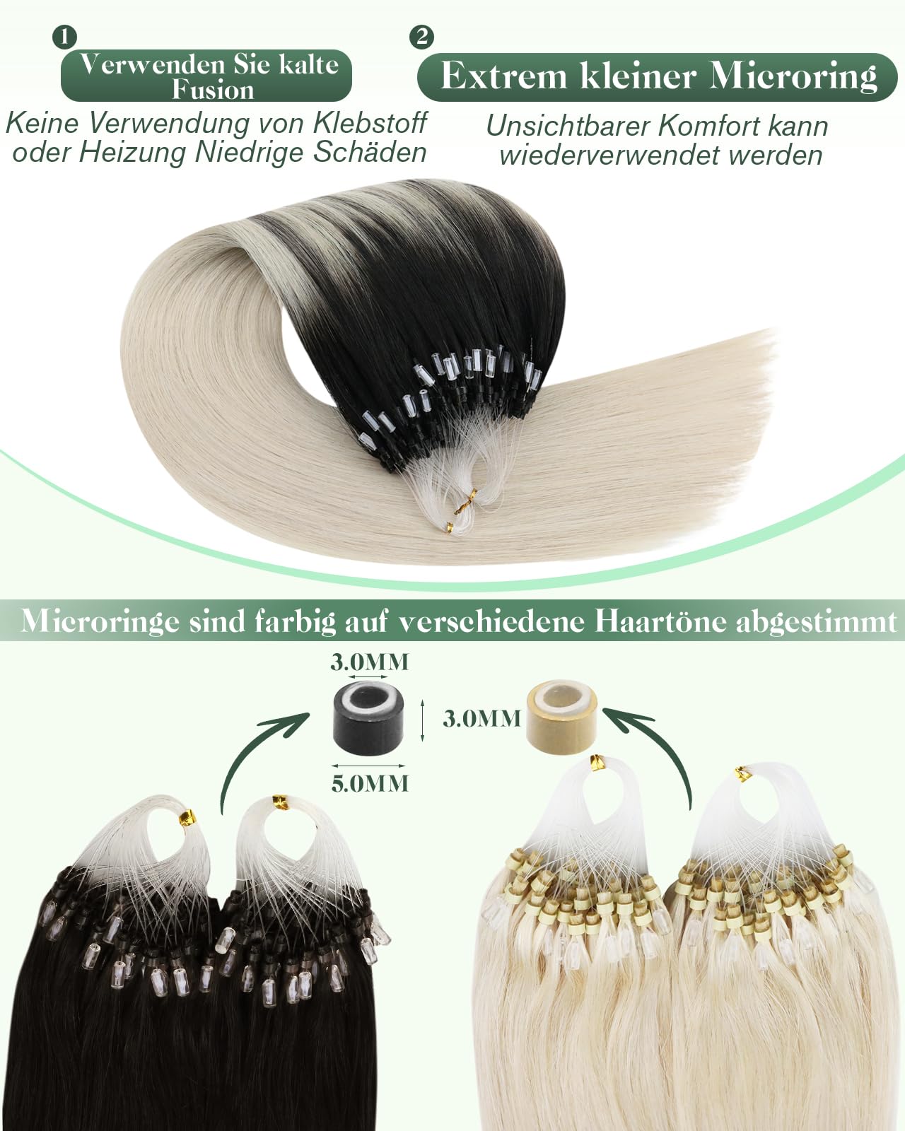 Ugeat Dopinki z mikro-ringami, prawdziwe włosy, blond, ombre, 40 cm, mikro-ringi, prawdziwe włosy, mikro-ringi, ombre, blond, mikro-50 g, 50 s, 1B/60A