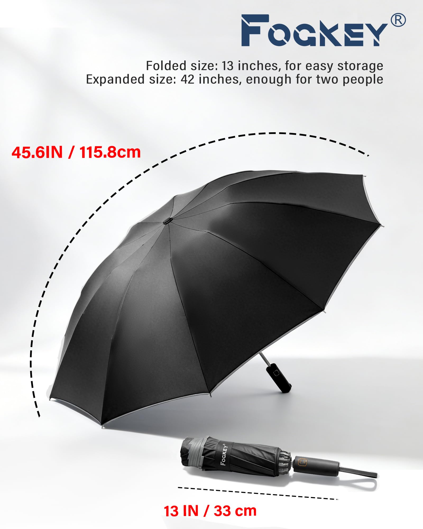 Fogkey Großer winddichter Reise-Regenschirm, tragbar, umgekehrter faltbarer Autoschirm, kompaktes umgekehrtes Design mit wasserdichtem Baldachin, automatisch, 10 robuste Rippen, 114 cm, passend für