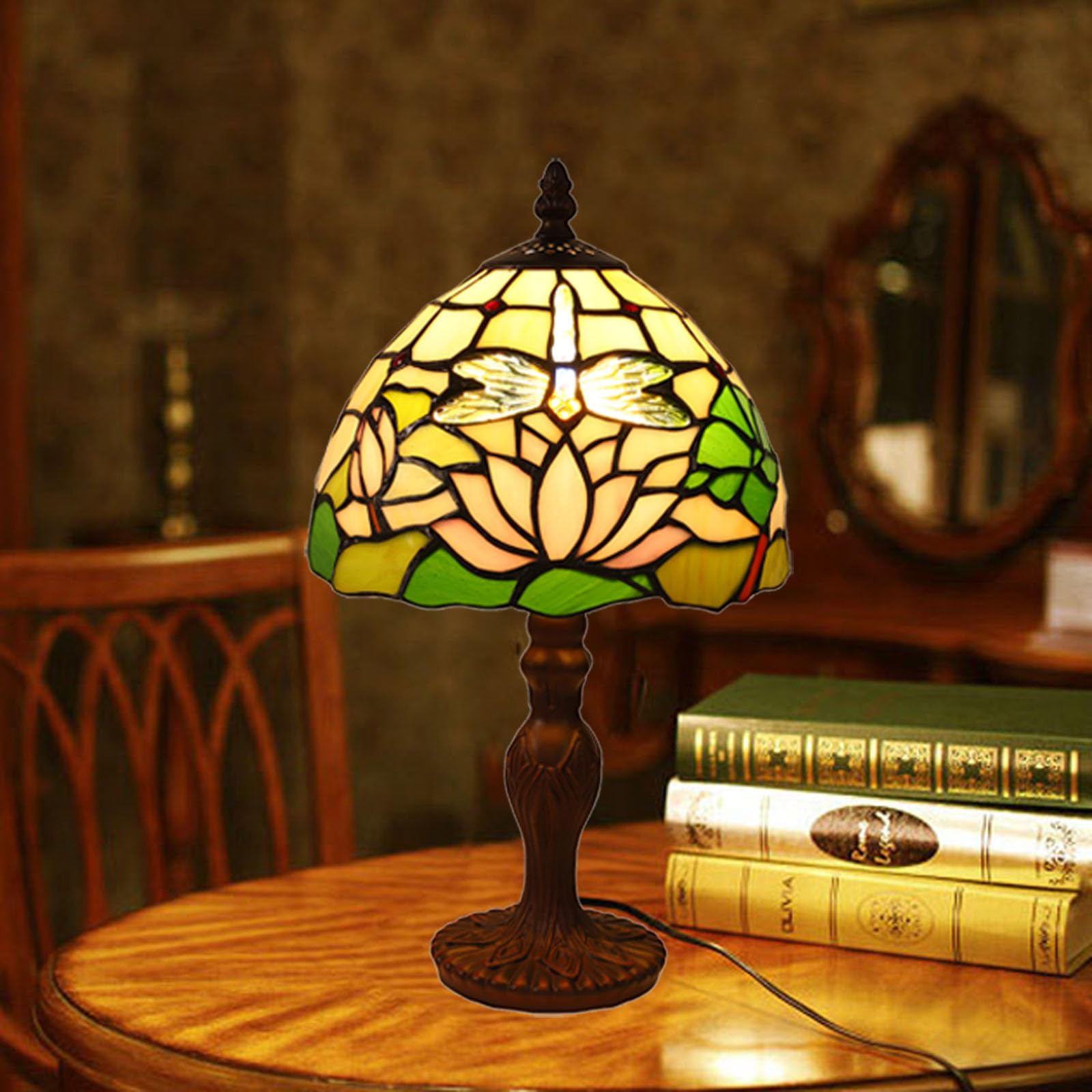 Lampada da Tavolo Tiffany Con Paralume in Vetro Colorato - per Soggiorno, Camera da Letto, Studio e Tavolino da Caffè