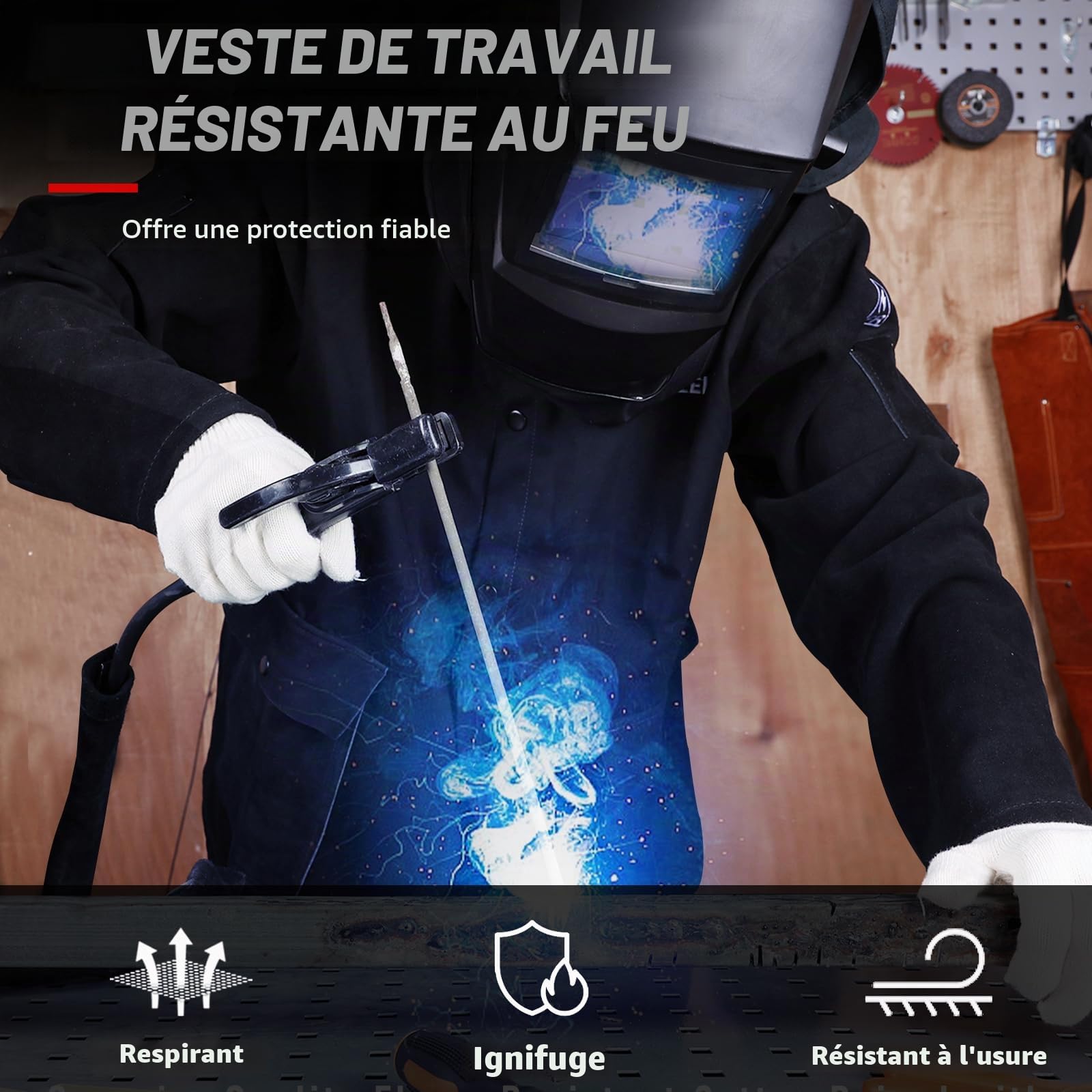 LeaSeek Veste de soudage ignifuge en coton avec manches en cuir, manteau de soudeur de sécurité au travail pour homme et femme