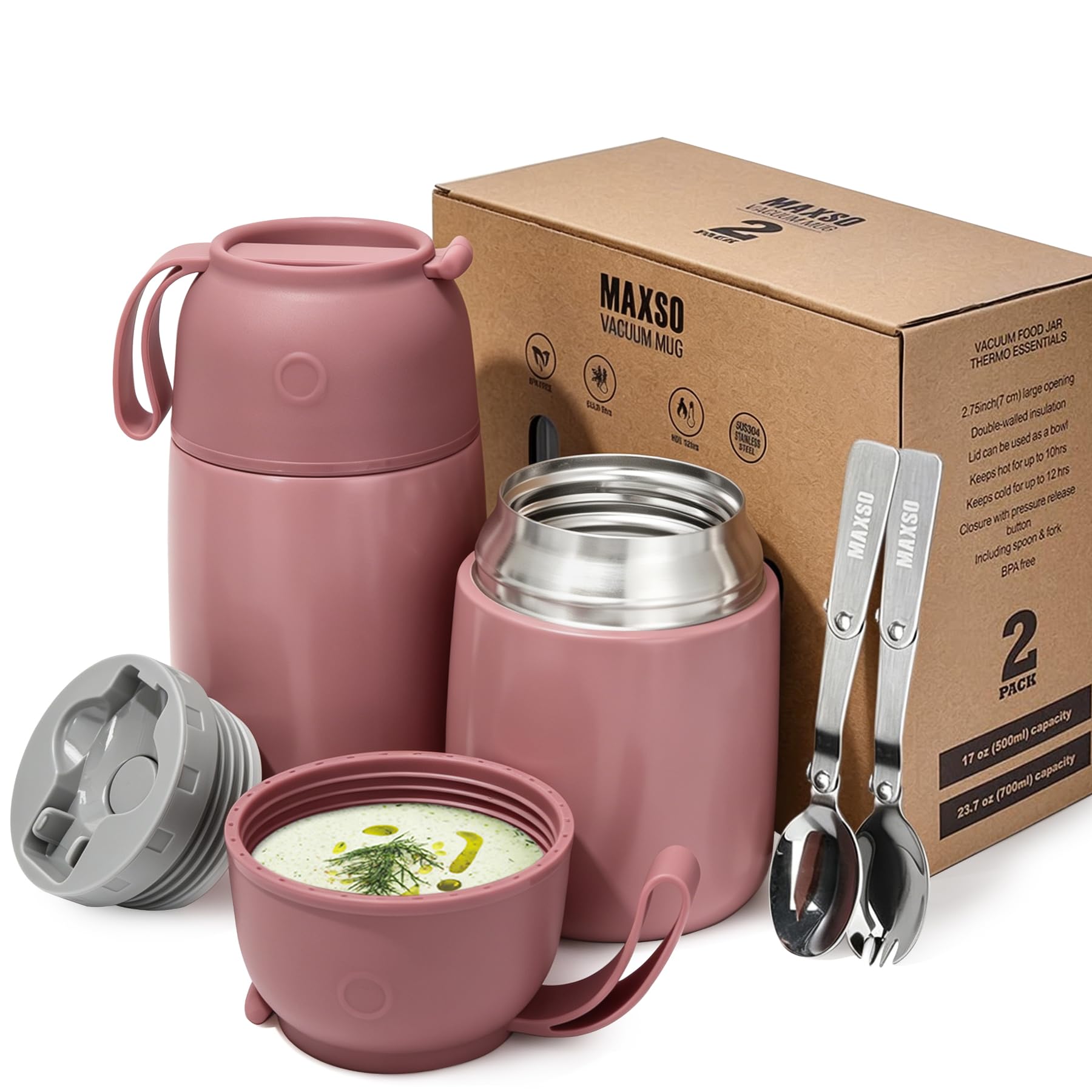 MAXSO Thermobehälter für heiße und kalte Speisen, für Kinder und Erwachsene, vakuumisoliert, Lebensmittelbehälter, Reise-Lebensmittelbehälter mit Löffel, 680 ml, 482 ml, Dusty Rose, 2 Stück
