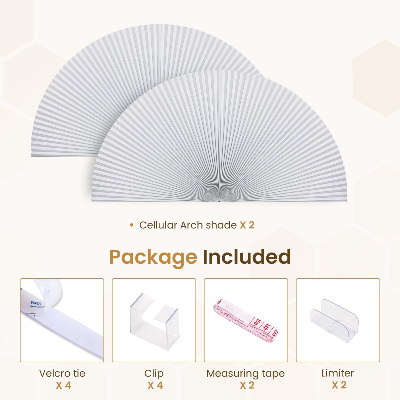 Grandekor Lot de 2 stores en arc sans perçage 121,9 cm x 61 cm, stores à nid d'abeille sans cordon, occultants, pour portes et fenêtres demi-circulaires, cuisine, chambre d'enfant, salon, chambre à