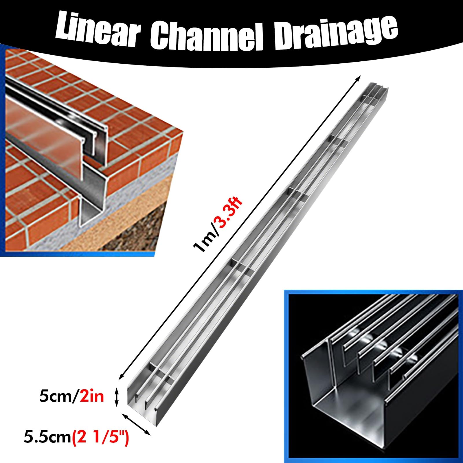 Sistema de Drenaje Lineal para terrazas de Piscinas, Juego de 5 Piezas, desagües y Rejillas de Canal metálico para Garaje/Patio/Entrada/acera, canaleta Rectangular para Lluvia.