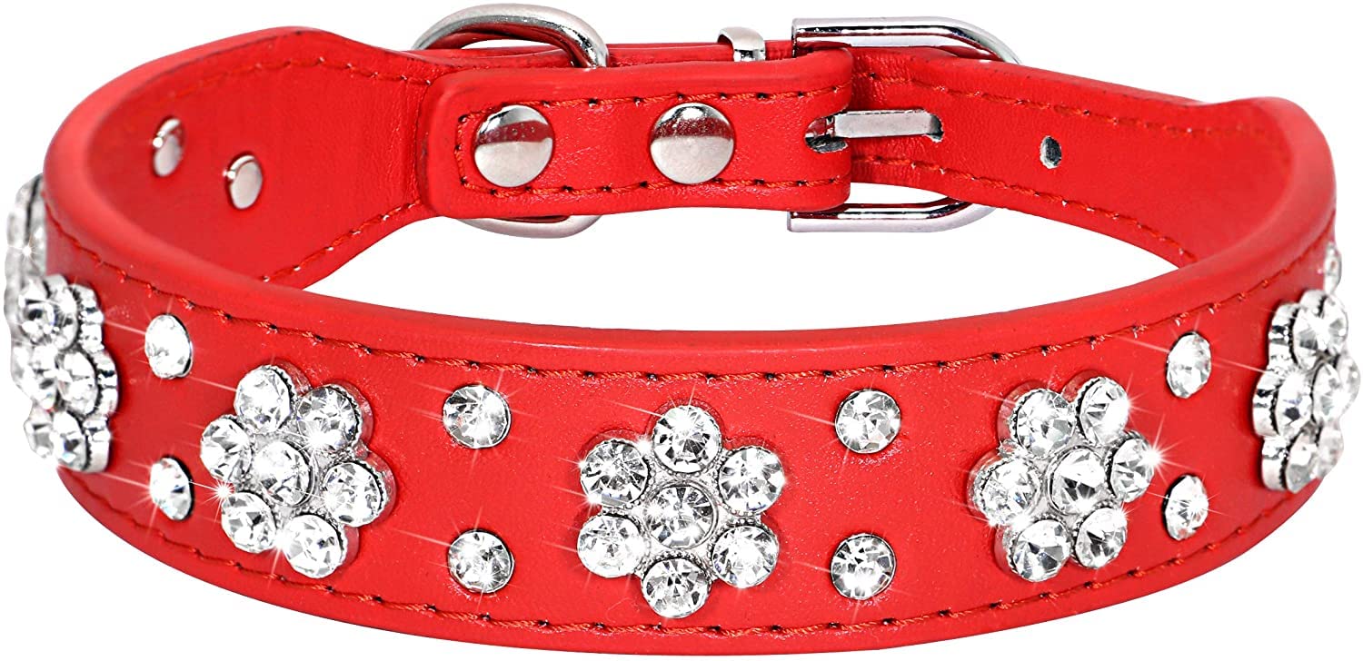 Serijoars Rhinestone Dog Collar, Cute Flower Rhinestone Bling Collar PU Leather Adjustable Sizes XS Small Medium (M, Red)