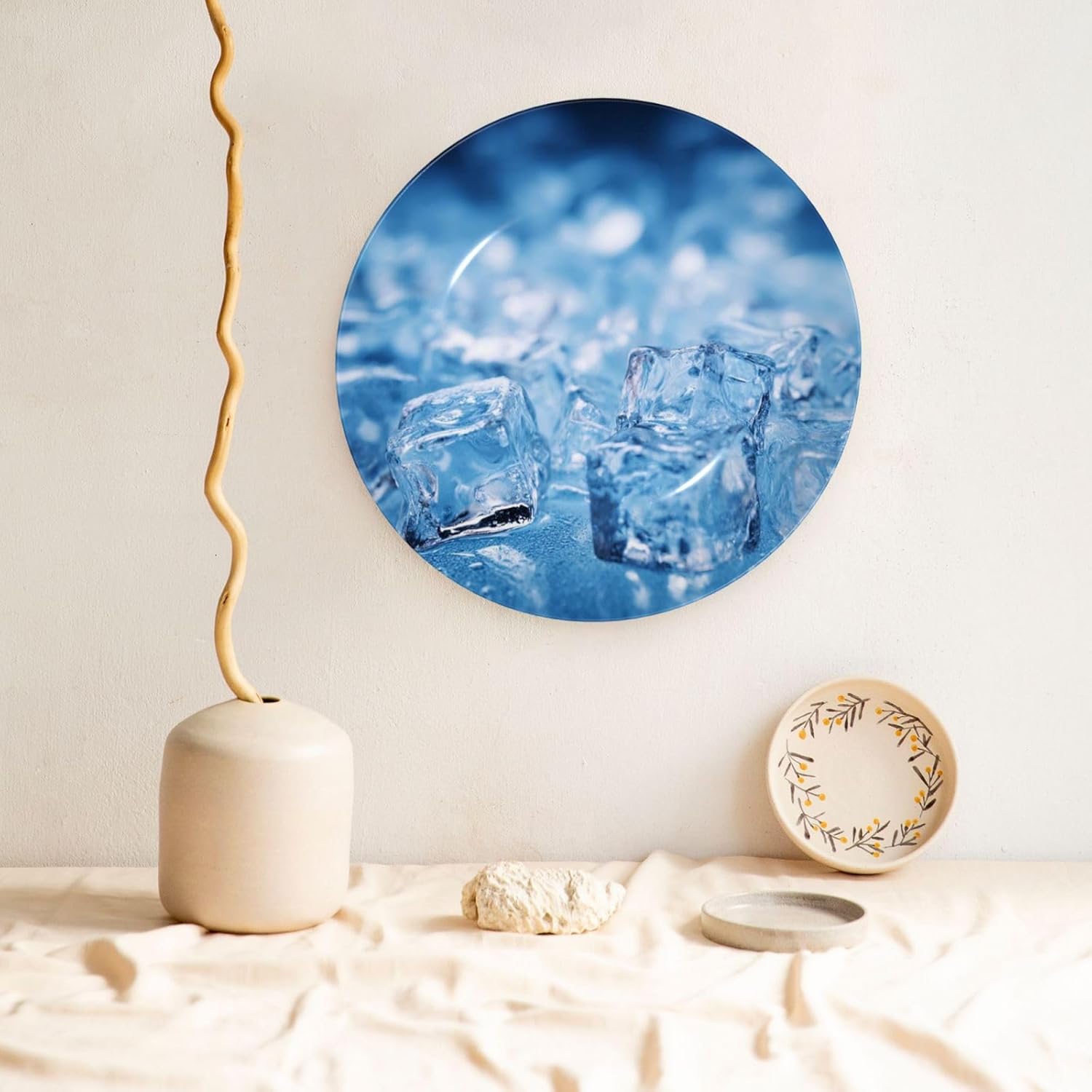 Decorative Plate 10in Bone China Dessert Plates with Display Stand Ceramic Ornament Ceramic Blue ice cube background Decorative Plates Art Crafts Porcelain Plate for Home Club Living Room
