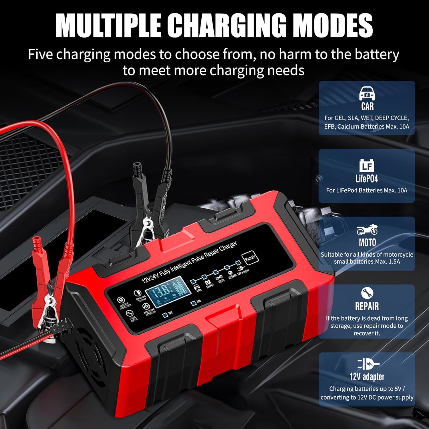 E-FAST Battery Charger 10A 12V/24V LiFePO4 Lead Acid Fully Automatic Battery Maintainer, Car Battery Trickle Charger Automotive w/Repair, Winter Mode, for AGM, STD, Gel, Deep Cycle Batteries