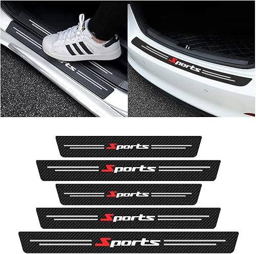 Miniatura 1 de 4 protectores de umbral de puerta de automóvil y 1 protector de parachoques trasero tiras de cubierta de fibra de carbono antiarañazos calcomanía de