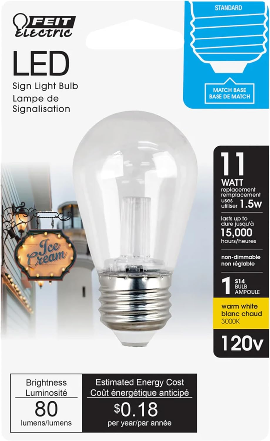 Feit Electric BPS14/SU/LED Non-Dimmable Led Bulb, 1.5 W, 120 V, 80 Lumens, 3000K, 1-1/2 in Dia X 3-1/4 in L, Warm White