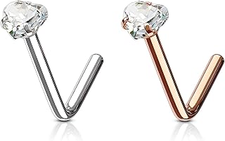 Forbidden Body Jewelry Heart Nose Stud and Ring - L Shaped Nose Rings, 18g 6mm Surgical Steel with 3mm Heart CZ Crystal