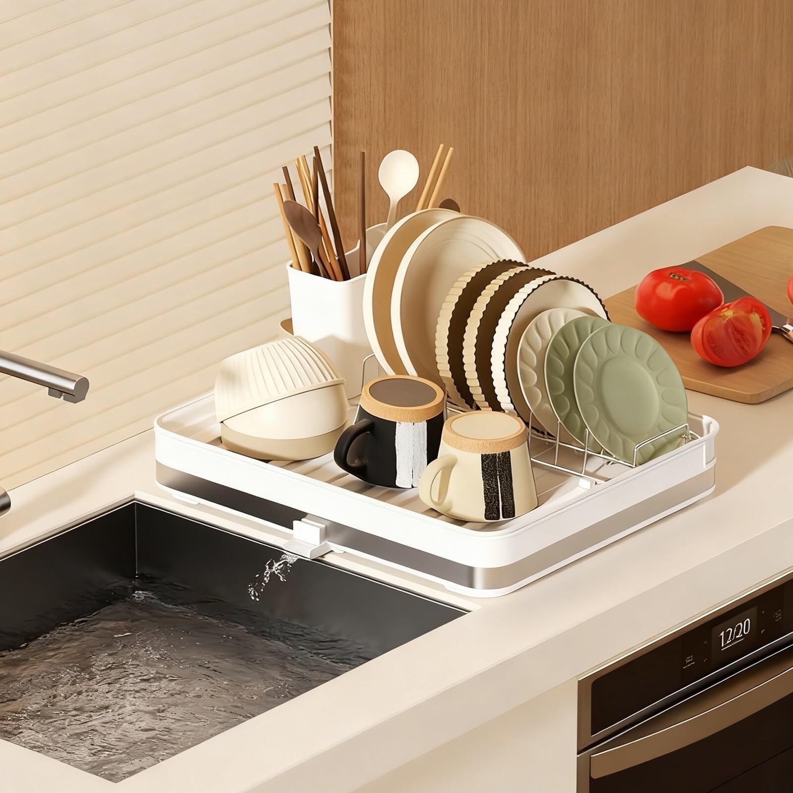 ARUNASC dish racks Dish Drying Rack Dish Drainer with Removable Utensil Holder & Drain Board Space-Saving for Kitchen Countertop drainer(Ivory White,Style 4)