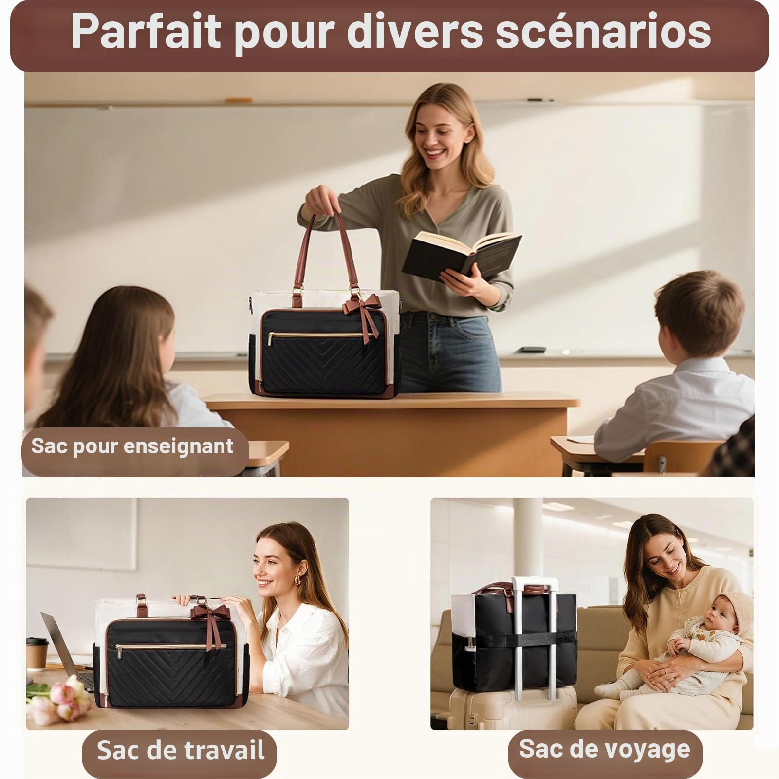 Sac Ordinateur Portable Femme avec Boîte à Déjeuner, Grand Sacs a Main Bandoulière de Courses et Cabas, Tote Bag pour Les Cours Lycee, Pour Travail étudiant Université Voyages