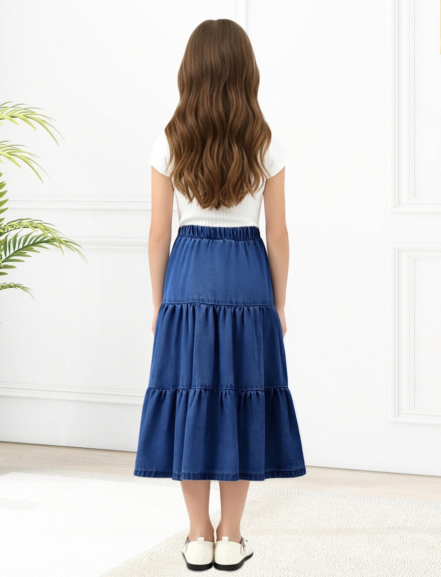 Happy Cherry - Jupe en Jeans Longue Fille Taille Élastique pour Fêtes École Carnaval Filles Jupes Maxi en Denim Trapèze Y2K Vintage Streetwear Enfants pour Été Hiver Printemps Automne - 110-164