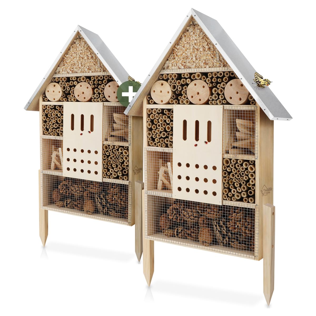 WILDLIFE HOME Insektenhotel XXL Stehend 2 Stück I Bienenhotel mit Standfuß 79 cm & Metalldach I Groß Wildbienenhotel, Insektenhaus fertiges Insektenhotel kein Bausatz, 2er Set