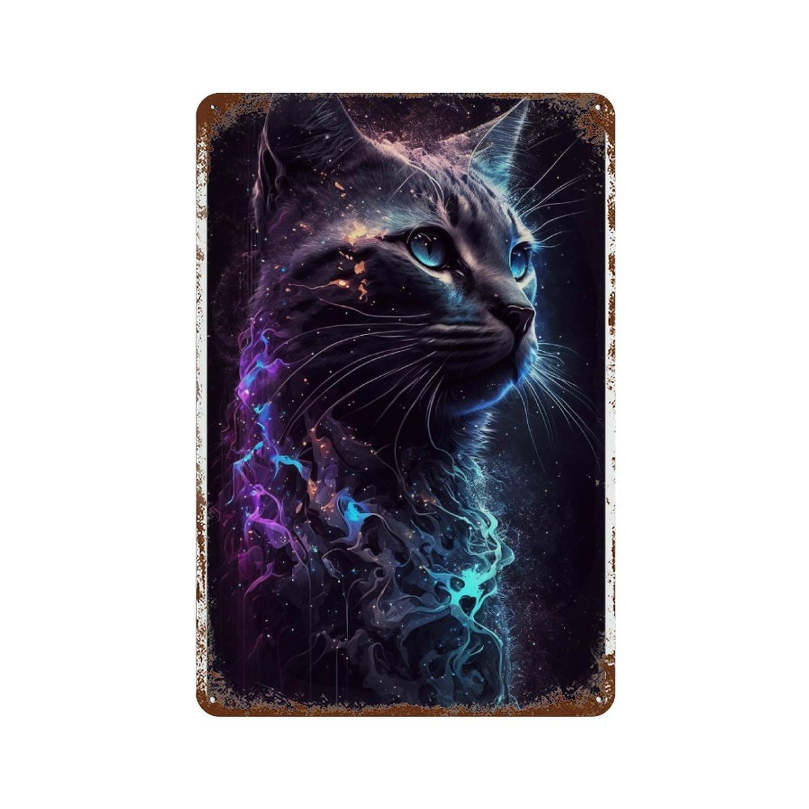 Cosmic Cat Art Print-1 11.8"x7.9" Weathered Tin Sign, Shabby Chic Decor for Farmhouse, Kitchen And Entryway Decor