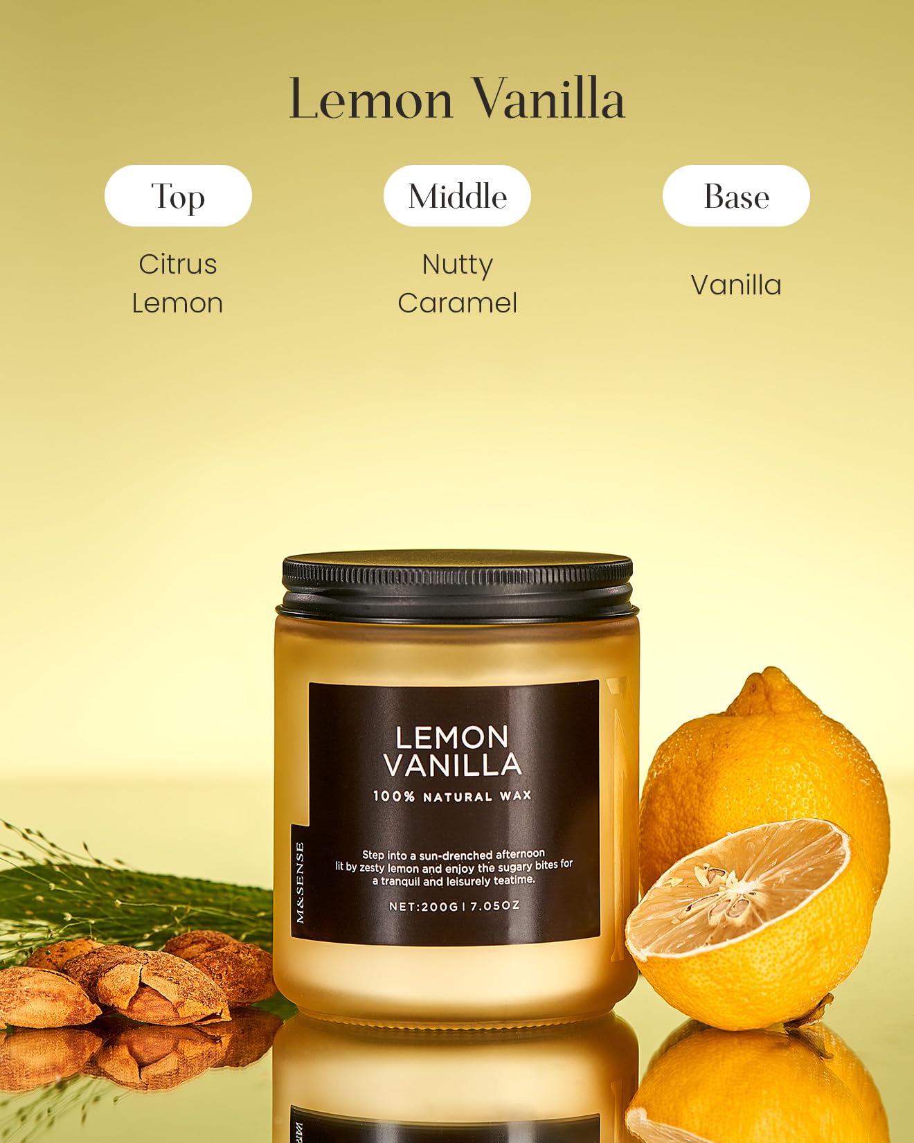 M&SENSE Lemon Vanilla Organic Scented Candles Gifts for Women 200g 50H Burn Time Candles Gifts for Men Soy Wax Aromatherapy Camdle for Relaxation Stress Relief Non Toxic Small Jar Candle for Home - Image 2