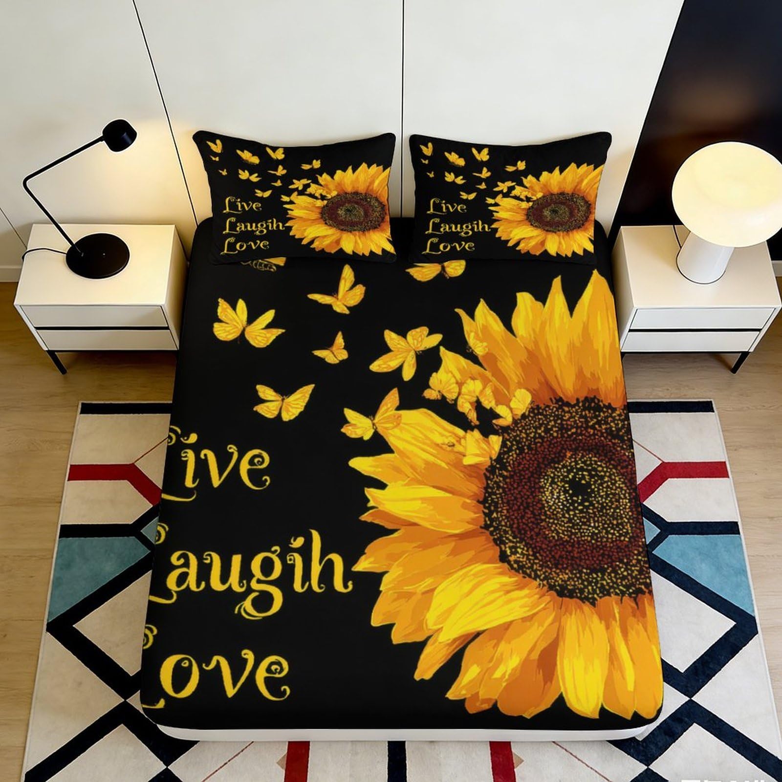 3D Printed Sunflower Butterfly Fitted Sheet Microfiber Soft Black Bed Cover for Bedroom Guest Room Decor Mattress Protection 140x200x25cm