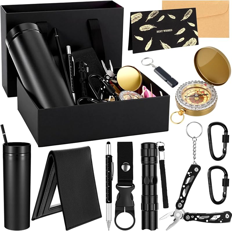 12 Pack Father Gift Basket Men Birthday Gift Box Set Tumbler Compass Multitool Plier Flashlight Pen Whistle Wallet Camping and Survival Starter Kit for Father's Day Dad