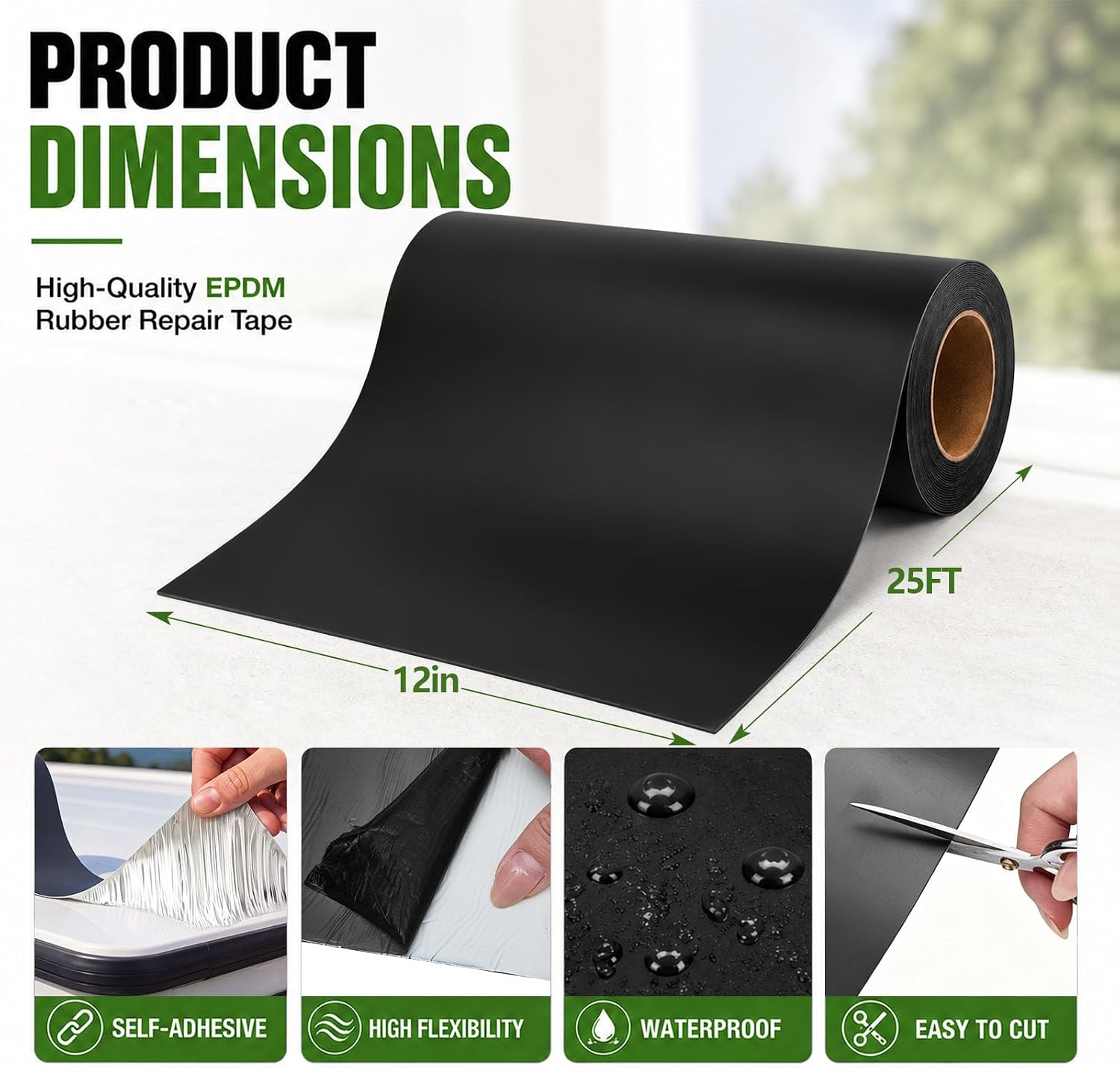Pushglossy 12" x 25ft EPDM Rubber Roofing Seam Butyl Tape, Black