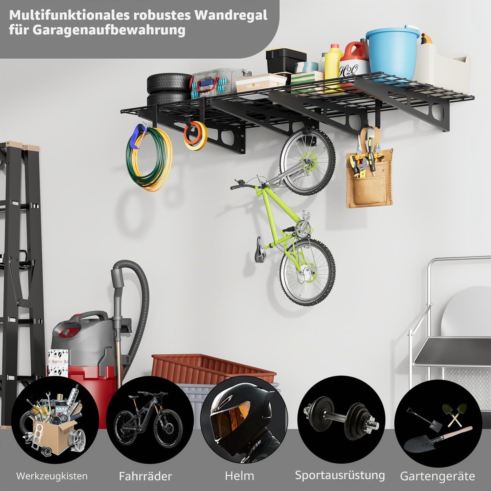 Garagenregal 2er-Set, 61 x 183 cm Werkzeugaufbewahrung Wandregale aus Metall, 370 kg pro Schicht, Werkzeughalter Wand mit Haken, Aufbewahrungsregale Regale für Garagenlagerung, Geschäft, Schuppen