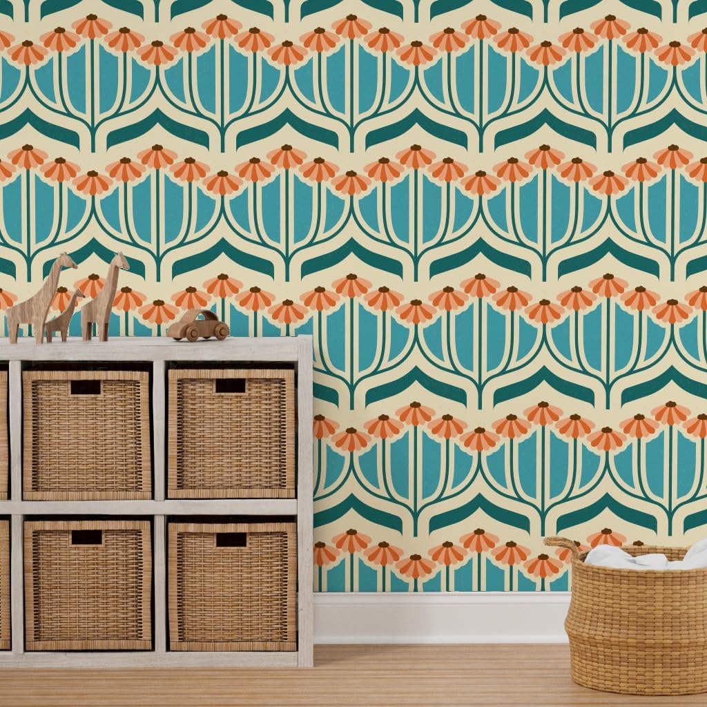 Peel & Stick Wallpaper 6ft x 2ft - Retro Daisy Vintage Blue Flowers Orange Art Nouveau 70S Custom Removable Wallpaper by Spoonflower