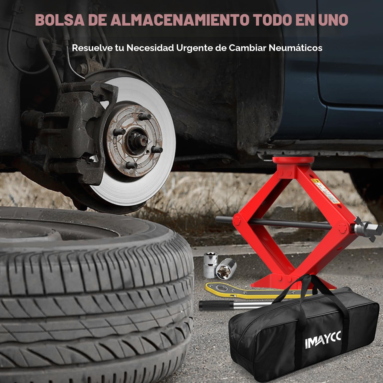 Kit IMAYCC de gato de coche 2.5 toneladas, gato de tijera universal, almohadilla de goma, herramienta portátil de cambio de neumáticos con llave de lengüeta
