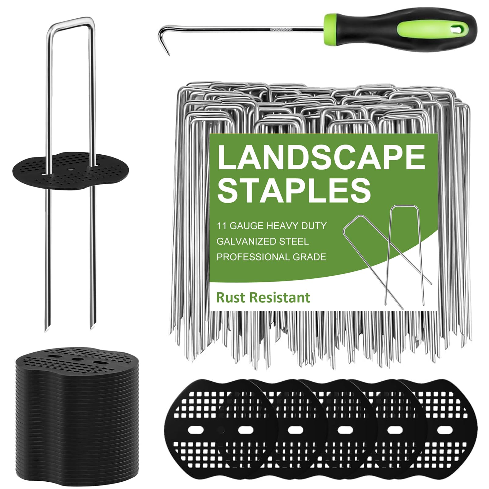 101Pcs Garden Stakes & Landscape Staples Kit: 50Pcs U-Shaped Staples & 50Pcs Fixing Gaskets with 1Pc Pick Hook for Weed Barrier, Ground Cover, Fence, & Artificial Turf
