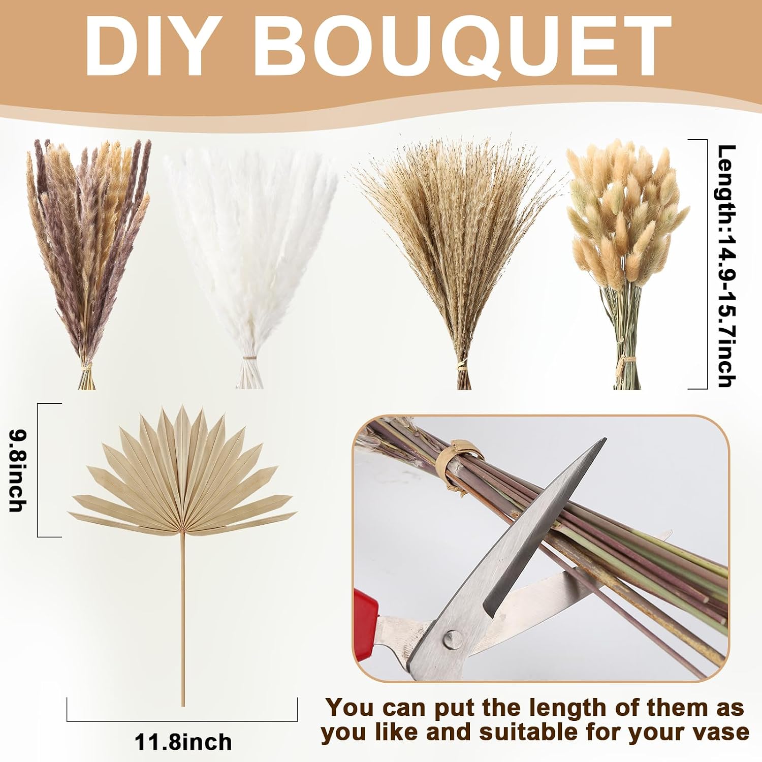 105 Pcs Boho Dried Pampas Grass & Palm Leaves, Natural Pampas Grass Decor Spears Leaves Bouquet for Wedding Baby Shower Table Restaurant Centerpieces Floral Room Vase