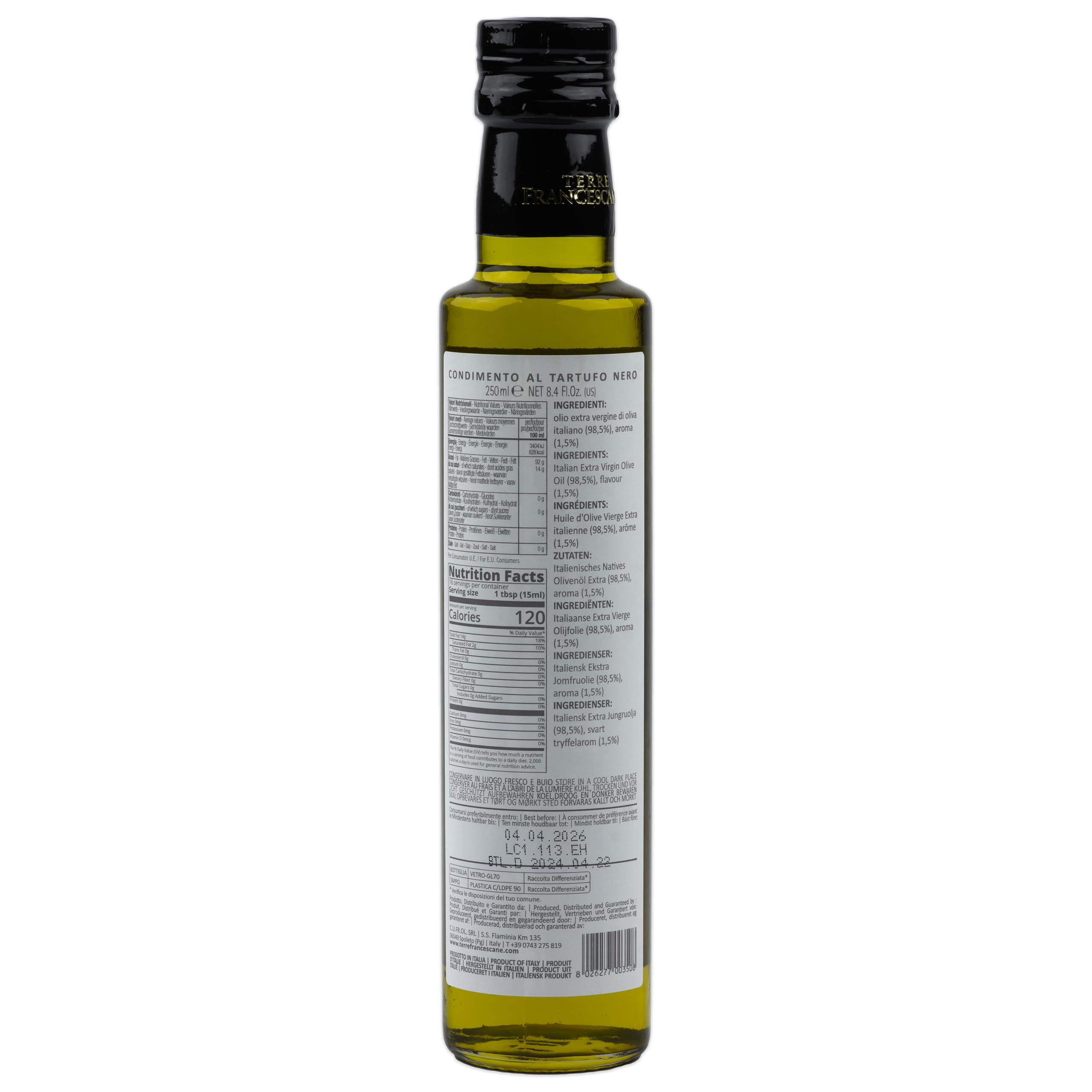Food-United Juego de aceite de trufa 2 x 250 ml de TERRE FRANCESCANE Aceite de oliva virgen extra con aroma de trufa blanco y negro, aceite de trufa premium de Italia para gourmet de cocina gourmet
