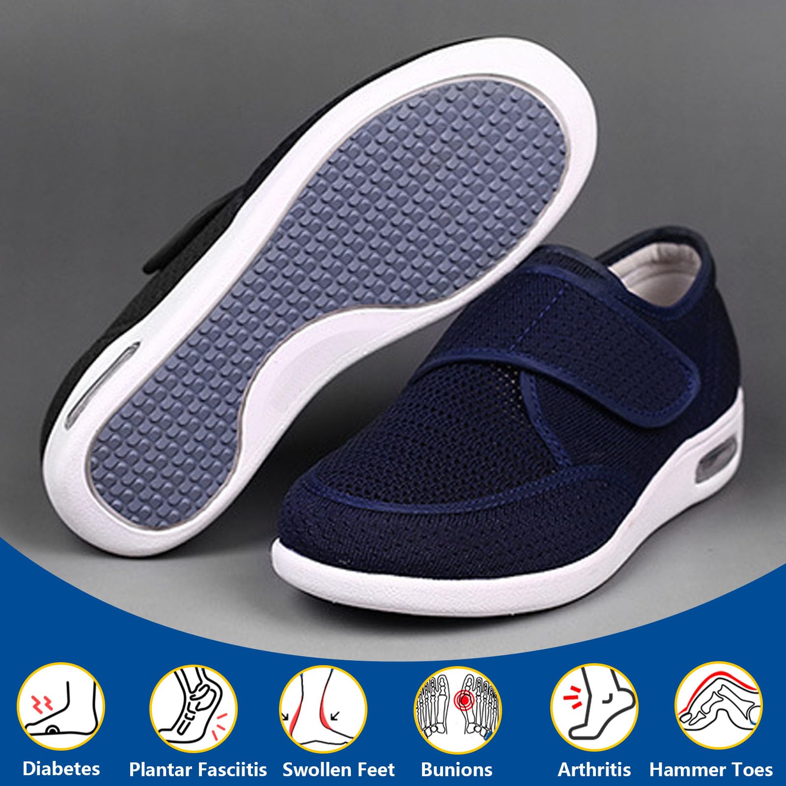 Mujer Hombres Ajustable Extra Ancha Zapatos,Antideslizante DiabéTico Zapatos Deportivos Casuales Ajustables Zapatos de Pies Hinchados para Personas Mayores Blue EU 39(25.5cm/10in)