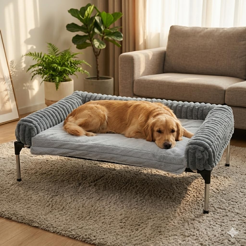 MALOROY Raised Dog Bed 43x31x9Inch Large Elevated Dog Bed 2-in-1 Design Outdoor Pet Beds Portable Pet Cot with Skid-Resistant Feet and Breathable Mesh Travel & Orthopedic for Dogs & Cats