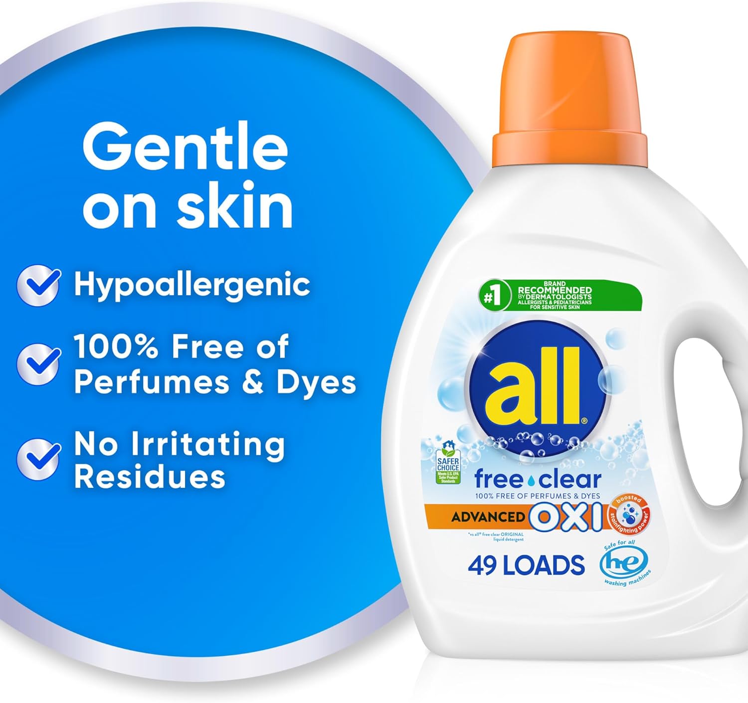 all Liquid Laundry Detergent, Free Clear, OXI, 73 Ounce, 49 Loads
