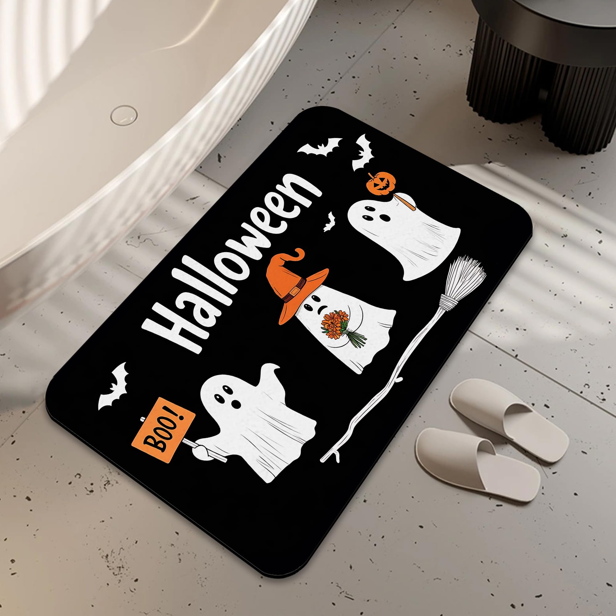 LUOENY Bath Mat, Cute Ghost Bathroom Rug Non Slip Thin Absorbent Quick Dry Bath Mat Fits Under Door Bathroom Floor Perfect for Shower, or Sink 75x43 cm