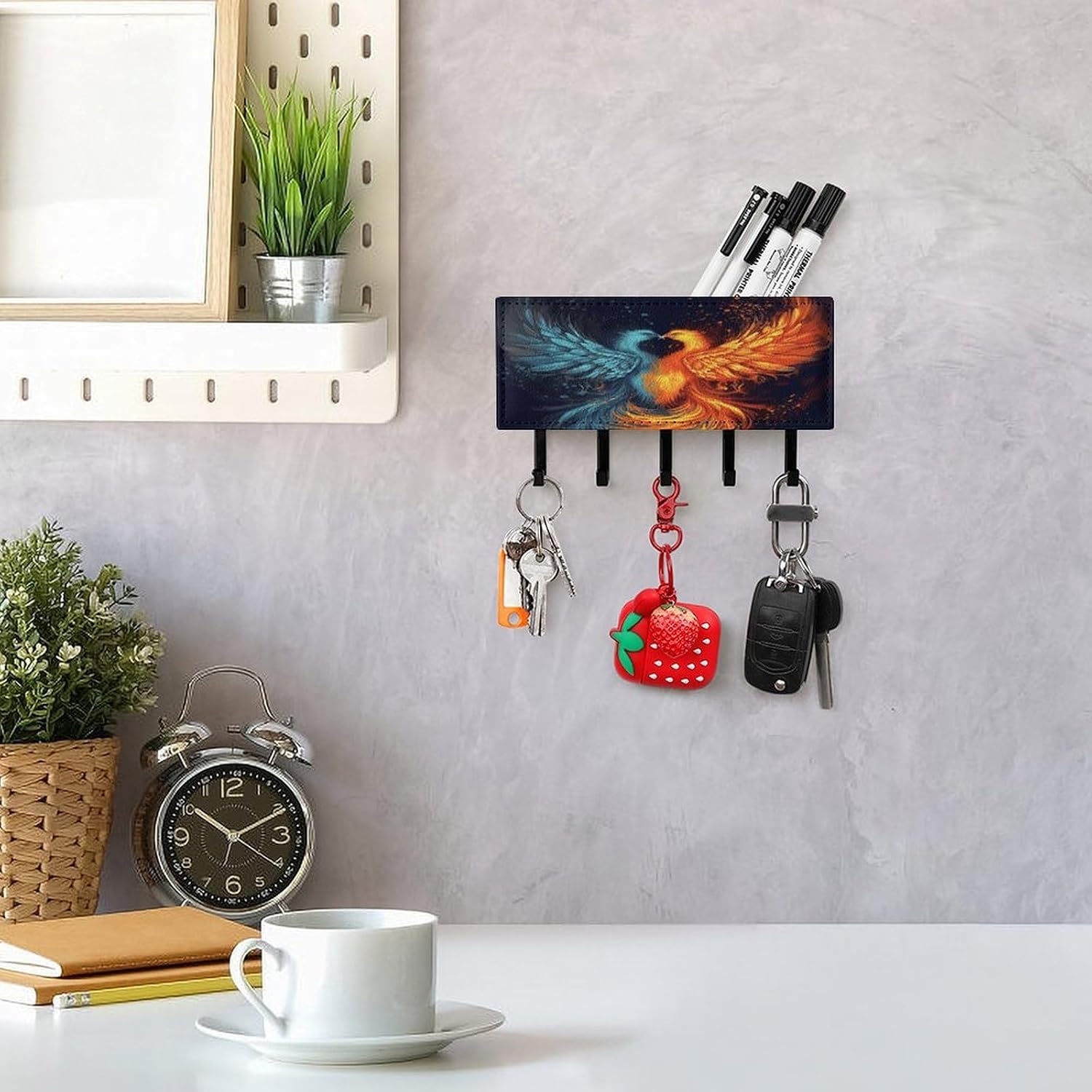 Fire and Water Phoenix Key Holder for Wall Mount Key Hooks Key Organizer Rack PU Key Hanger with 5 Hooks Personalized Key Rack with Self Adhesive for Indoor Decor