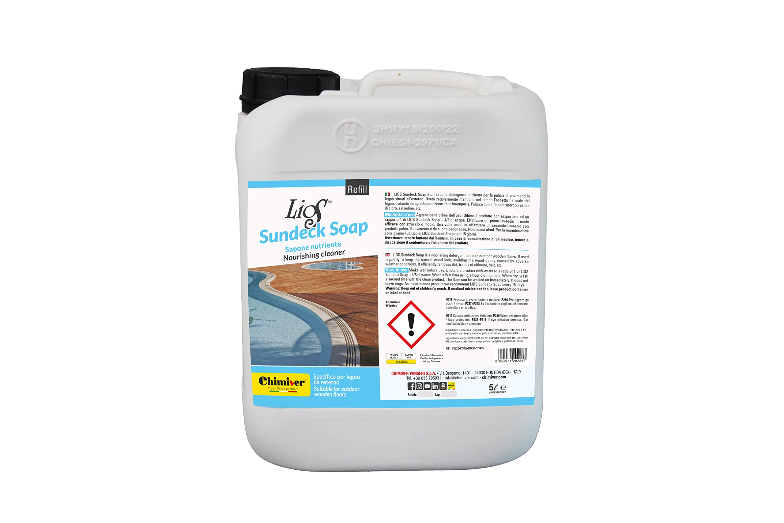 Chimiver Lios Sundeck Soap 5 LT, detergente per la pulizia di pavimenti in legno da esterno, Nutre ed elimina lo sporco, i residui di cloro e la salsedine.