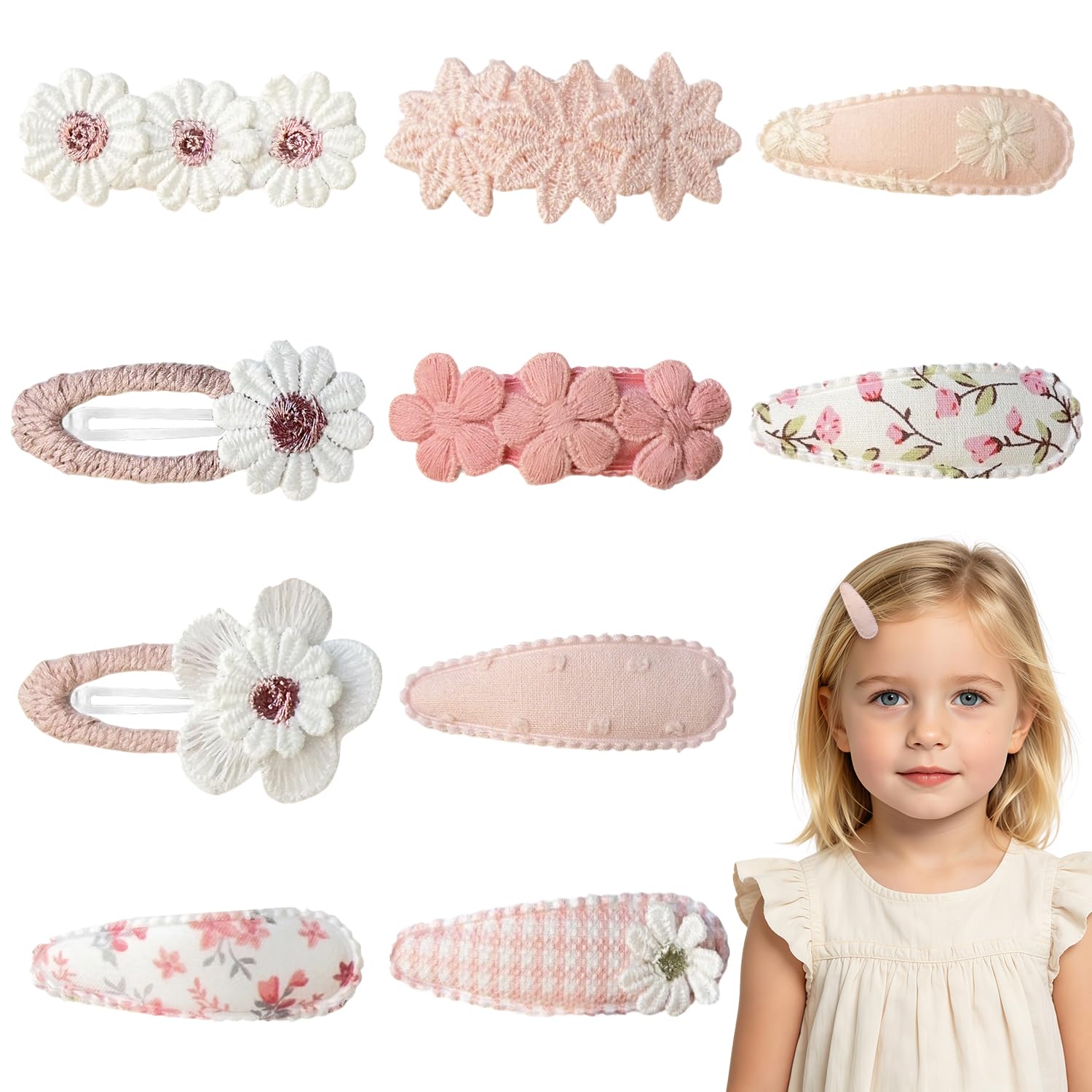10 Pcs Hair Clips for Girls | Flower Baby Hair Clip | Handmade Baby Girl Hair Clips | Embroidery Daisy Barrettes | Soft Fabric Snap Hairpins for Kids Infant Toddler (Pink)