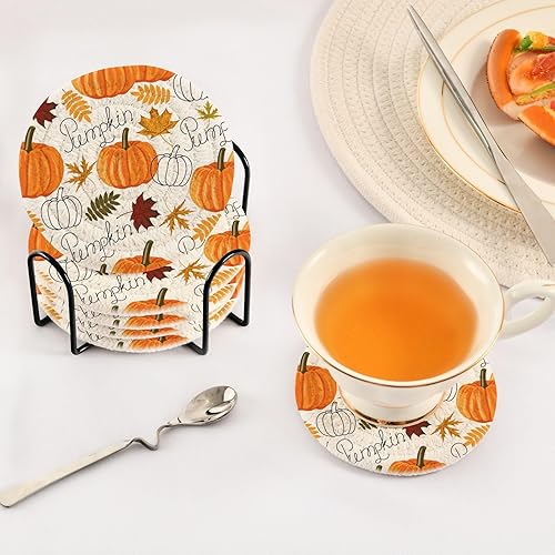 Miniatura 5 de Posavasos de 6 piezas de calabaza con hojas de otoño, para Acción de Gracias, posavasos tejidos absorbentes, posavasos para exteriores para bebidas