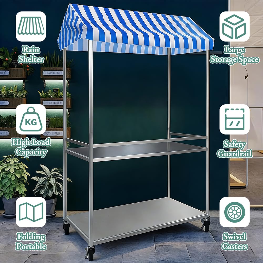 le Lebensmittelwagen mit Baldachin, robuster Rollwagen für Märkte, Festivals, Catering und Einzelhandel, Rot, 48 x 100 cm, perfekt für Lebensmittelhändler