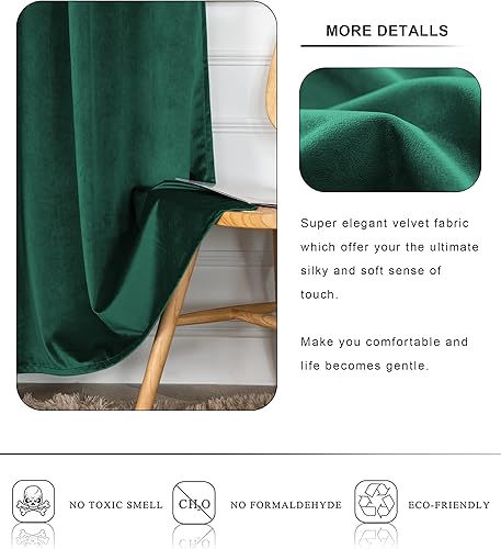 Miniatura 5 de Cortinas opacas de terciopelo verde oscuro de 63 pulgadas, súper suaves para decoración del hogar, juego de 2 paneles, cortinas de terciopelo con