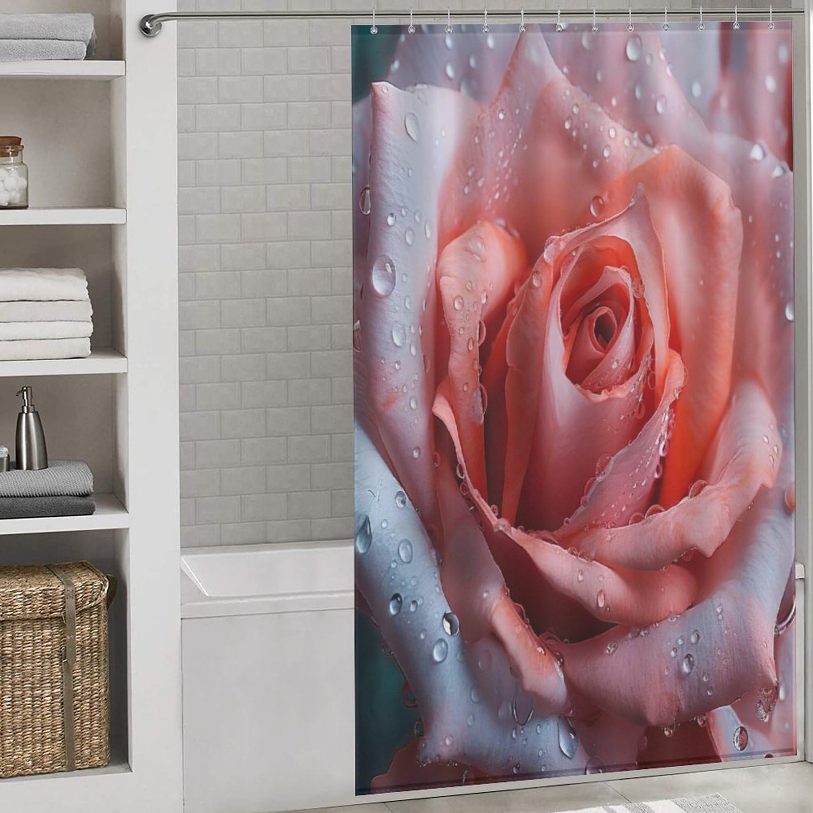 Rideau de douche polyester lavable et anti-moisissure rose pour baignoire