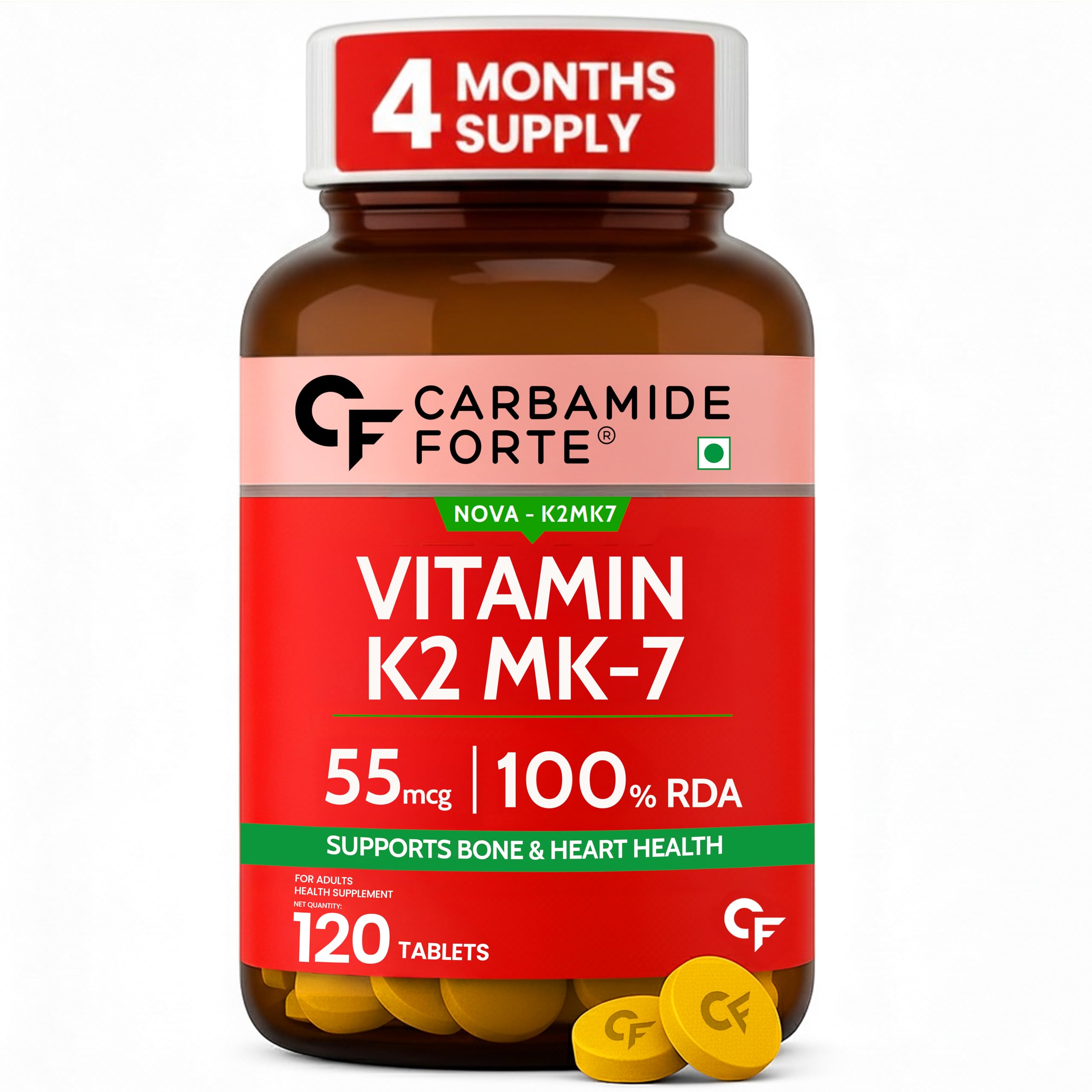 Carbamide Forte Vitamin K2 MK7 55 mcg | MK7 Form for Better Calcium Utilization | Vitamin K2 Supplements To Support Strong Bones & Heart Health for Men & Women | 120 Vegetarian Tablets