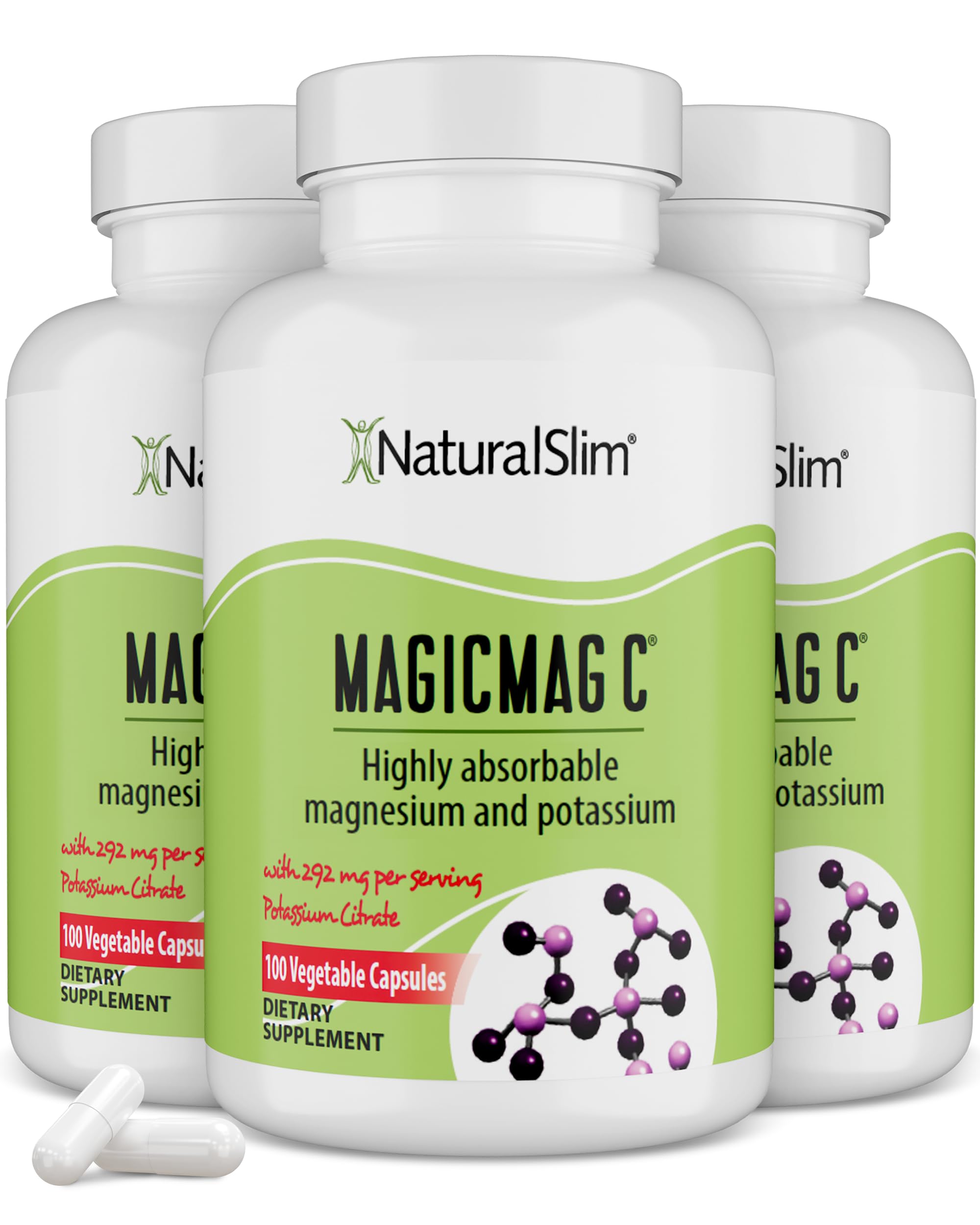 NaturalSlim MagicMag C Magnesium Citrate Capsules – Magnesium Supplement with Natural Potassium | Sleep Support, Heart Health, and Muscle Cramp Relief | Gluten-Free, 100 Capsules (3 Pack)
