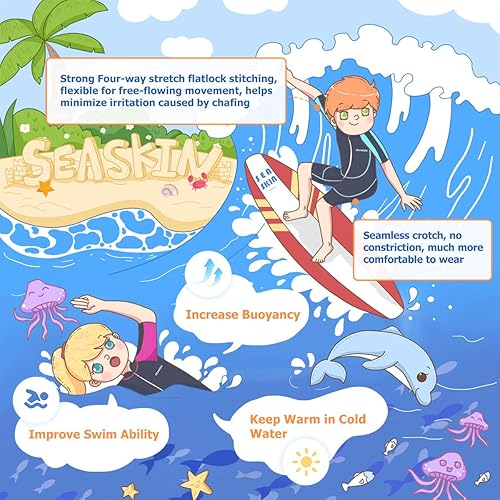 Miniatura 4 de Seaskin Traje de neopreno para niños y niñas, con cremallera frontal de 0.079 pulgadas, con cremallera trasera de 0.118 pulgadas, traje de neopreno