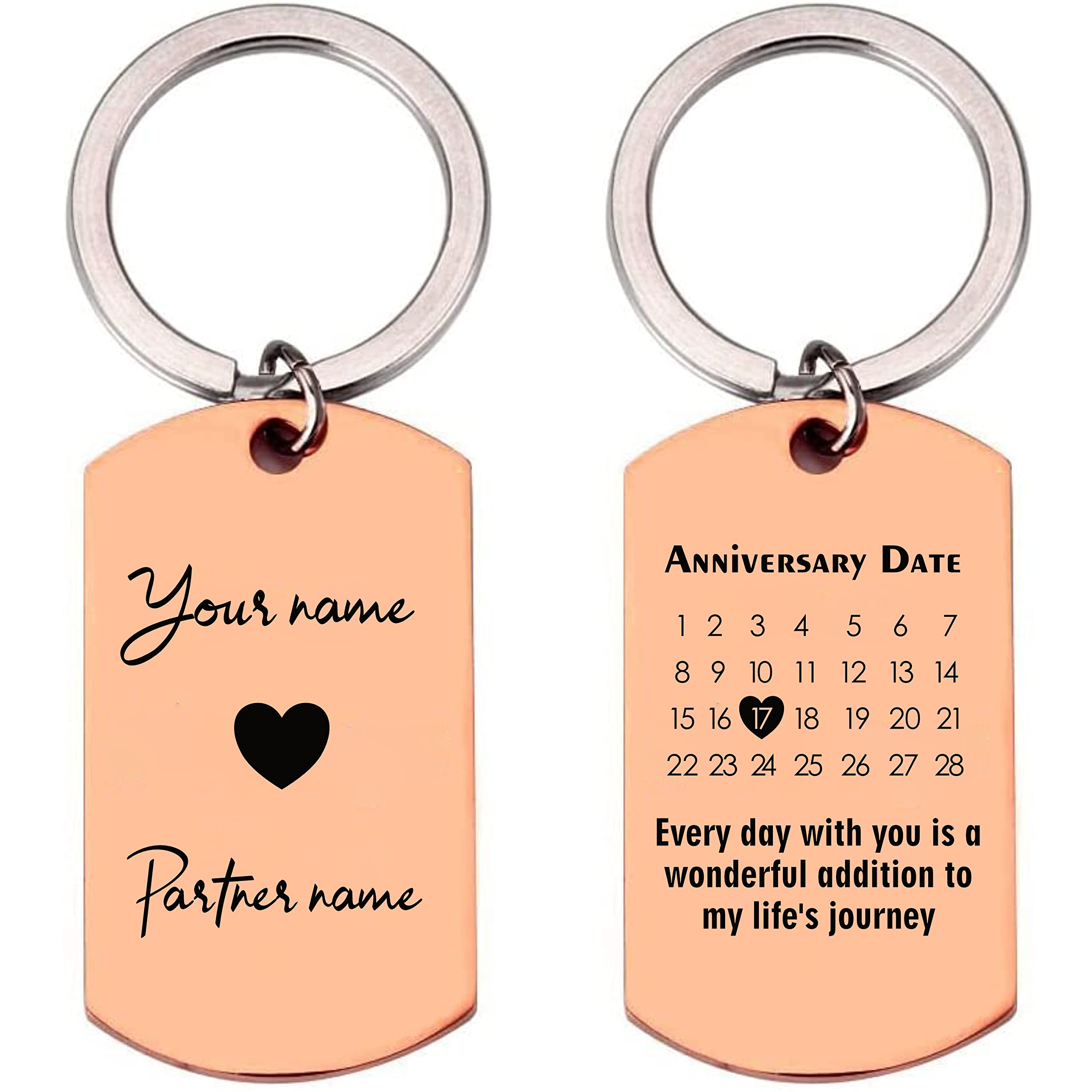 Unisex Rose Gold Pb Tech Personalised Keyring For Men Women Stylish Calendar Date Keychains For Girls Keyring Holder Engraved Date & Names Customised For Birthday, Wedding,Valentines Gift (Rose Gold)