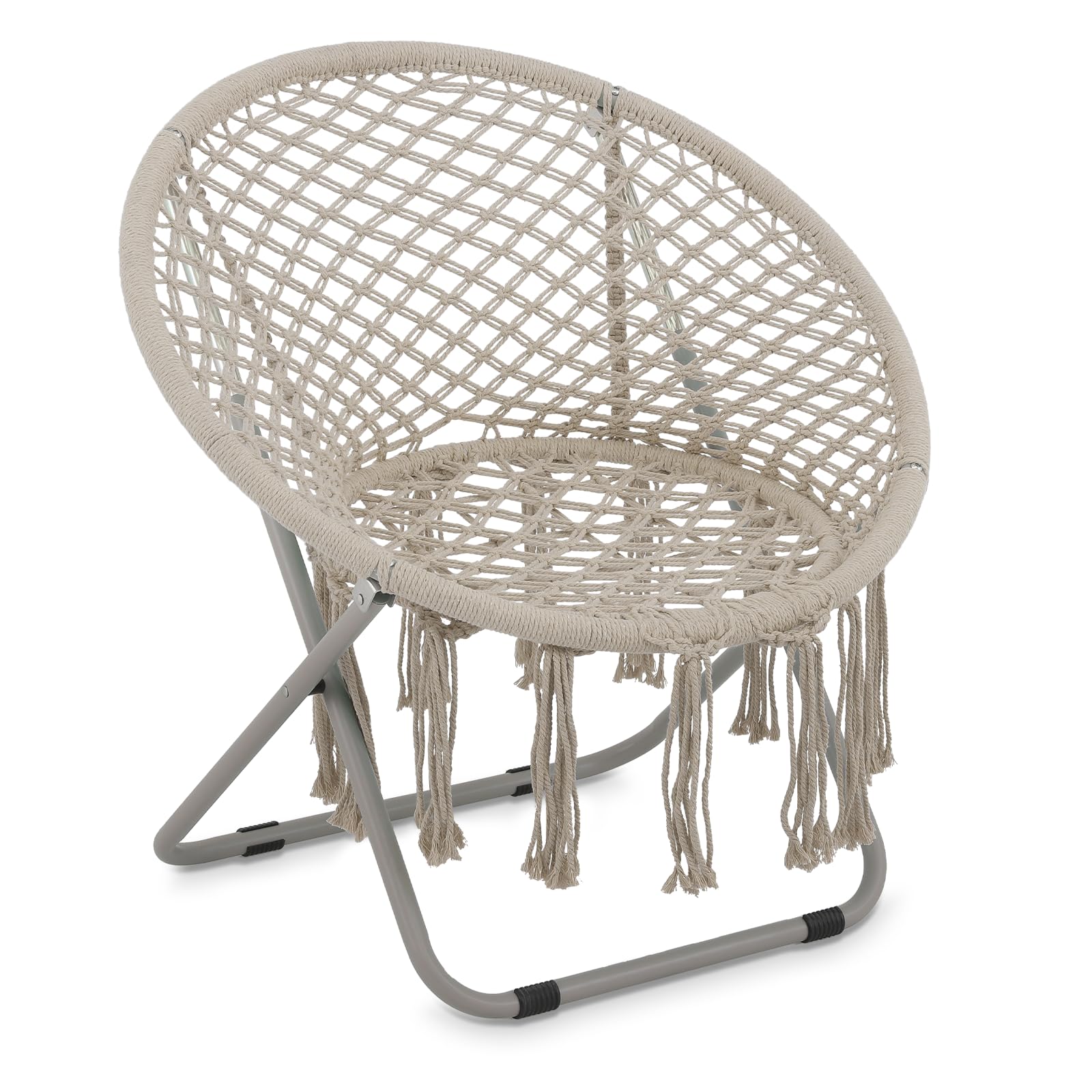 MoNiBloom Round Foldable Saucer Chair for Bedroom Living Room Chair, Folding Metal Frame Comfy Lounge Lazy Cozy Moon Chair with Tassels for Adults and Teens (Beige, 1-Pack)