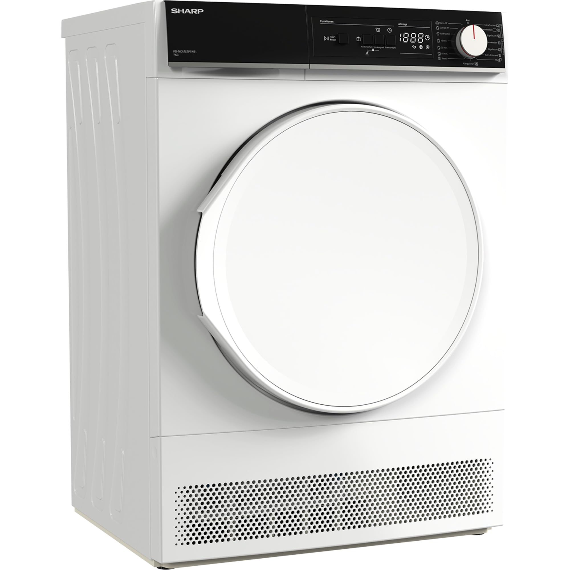 Sharp KD-NCA7S7P1W91-DE Kondenstrockner, 7 kg, 15 Programme inkl. 29 Min. Kurzprogramm, Schontrommel mit LED-Beleuchtung, Weiß