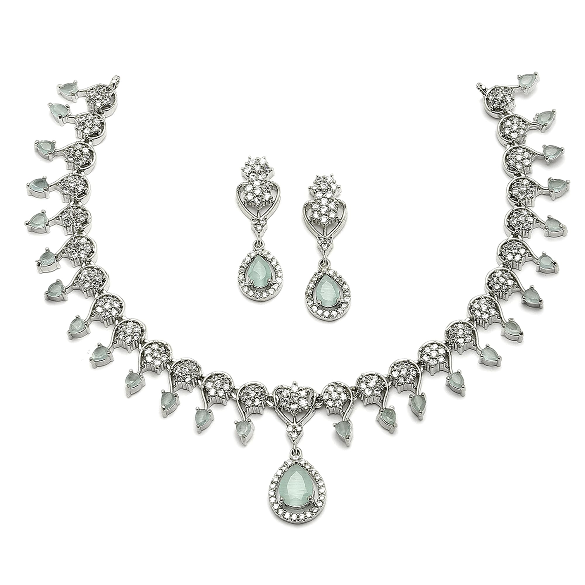 ZENEME Rhodium-Plated American Diamond Studded Floral & Teardrop Shaped Necklace With Earrings Jewellery Set For Girls and Women (Sea Green) (B0CGRBDHKW) Amazon Price History, Amazon Price Tracker